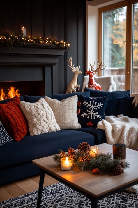 Have the coziest winter possible with these decor ideas and tips. Navy Blue Living Room Christmas Decor, Christmas Decor With Blue Couch, Blue Couch Living Room Christmas Decor, Blue Sofa Christmas Decor, Christmas Living Room Couch, Christmas Decor Ideas Couch, Blue Couch Christmas Decor, Blue Christmas Decor Living Room, Couch Christmas Decor