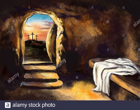 Download this stock image: Easter Jesus Christ rose from the dead. Sunday morning. Dawn. The empty tomb in the background of the crucifixion. Happy easter. Christian symbol of f - 2B1Y85D from Alamy's library of millions of high resolution stock photos, illustrations and vectors. Empty Tomb Painting, Jesus Christ Risen, Easter Tomb, The Empty Tomb, Ascension Of Jesus, Jesus Tomb, Easter Drawings, Easter Paintings, Empty Tomb