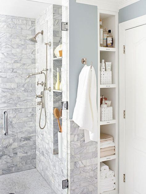 shower Makeover Kamar Mandi, Recessed Shelves, Shower Area, Moving Walls, Budget Bathroom Remodel, Bad Inspiration, Decor Baie, Bathroom Remodel Shower, Small Bathroom Storage