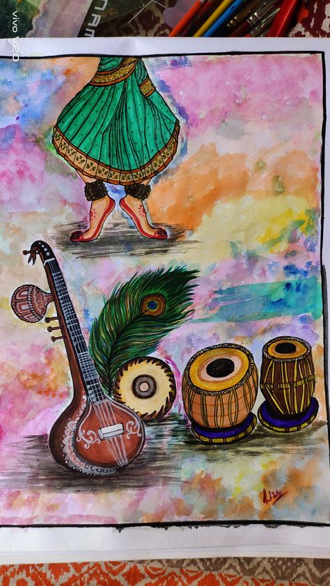 Music Day Drawing, Indian Music Art, Music File Decoration Ideas, Drawing For Competition Easy, Musical Instrument Drawing, Ram Painting, Indian Instruments, Color Wheel Art Projects, Music Art Painting