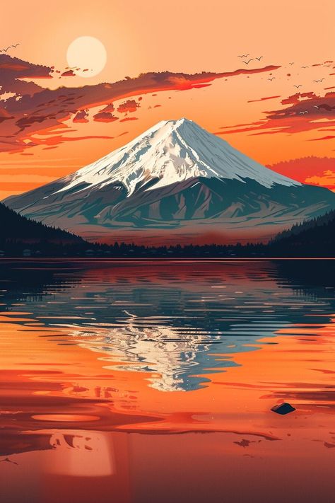 A digital poster wall decor of the Mount Fuji reflecting above surrounding water Living Room Display, Wave Tattoo Design, Mount Fuji Japan, Fuji Japan, Wave Tattoo, Mont Fuji, Poster Bedroom, Diy Watercolor Painting, Poster Wall Decor