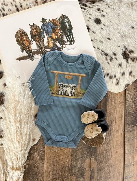 Hello Fringed Babes Section - Final Sale ONESIES ARE RIBBED, TEES ARE NOT RIBBED Onesie As Shown - 2T UP WILL BE ON A Natural TONE TEE. Measurements: 6 Months- Length-12 1/2 Inches Bust- 10 Inches Arm Length- 3 1/2 Inches 12 Months- Length-13 Inches Bust-10 1/2 Inches Arm Length- 4 Inches 18 Months- Length-14 Inches Bust-12 Inches Arm Length- 4 Inches 3T- Length-16 Inches Bust- 12 1/2 Inches Arm Length-5 Inches 4T- Length- 6 1/2 Inches Bust-13 1/2 Inches Arm Length-5 1/4 Inches ** not sold as a set Country Baby Outfits, Country Baby Boy Outfits, Ranch Dogs, Kid Clothing, Western Babies, Border Collie Dog, Baby Outfits, Future Baby, Papua New Guinea