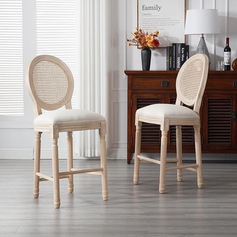 Amazon.com: Lierpit Solid Wood Bar stools Set of 2, Classic French Country Wooden Barstools with Upholstered Seating, 26” Kitchen Bar Stool for Bar Counter (Rattan - Beige, 26") : Home & Kitchen Wooden Barstools, Country Bar Stools, Embellished Furniture, Wood Side Chair, Wooden Bar Stools, Wood Bar Stools, Wood Bar, Kitchen Bar Stools, Dining Room Bar