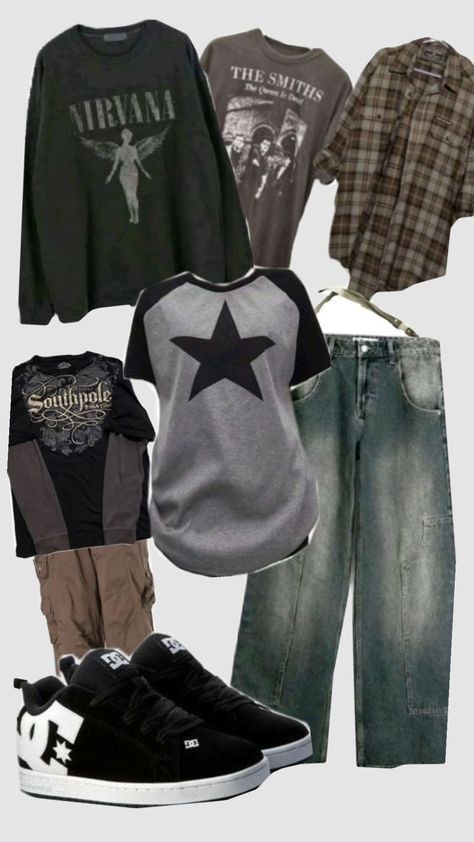 Midwest Grunge Outfit, Emo Band Shirt Outfits, Grunge Ftm Outfits, Actual Grunge Outfits, Y2k Grunge Outfits Winter, Nirvana Inspired Outfits, Simple Grunge Outfits For School, Masc Outfits Grunge, Where To Get Cheap Clothes