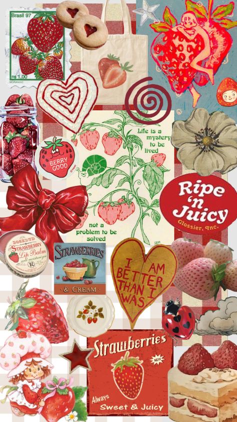 #strawberry #strawberryaesthetic #srawberryshortcake #redandwhite #redaesthetic #strawberries #collage #wallpaper #background Strawberry Aesthetic, Quote Collage, Strawberry Lip Balm, Collage Wallpaper, Moisturizing Lip Balm, Locked Wallpaper, Feminine Tattoos, Aesthetic Collage, Red Aesthetic