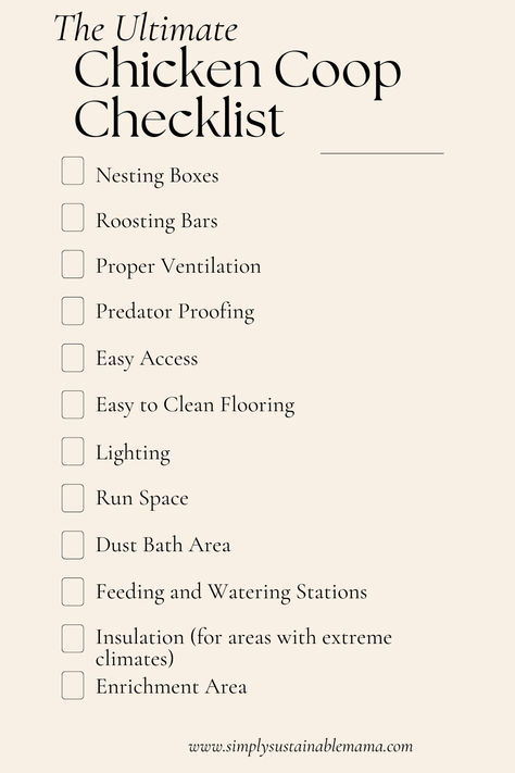 A comprehensive infographic titled 'The Ultimate Chicken Coop Checklist' illustrates the essential components of a functional and comfortable chicken coop. Elements include nesting boxes, roosting bars, proper ventilation, predator-proofing measures, easy access, easy-to-clean flooring, lighting, adequate run space, a dust bath area, feeding and watering stations, insulation for extreme climates, and an enrichment area to ensure a healthy and thriving environment for backyard chickens. How Often To Clean Chicken Coop, Mini Chicken Coop Ideas, Chicken Coop Care, Farm Chickens Ideas, Safe Chicken Coop Ideas, Chicken Coop Needs, Chicken Coop Basics, Chickens In Small Backyard, Beginner Chicken Raising