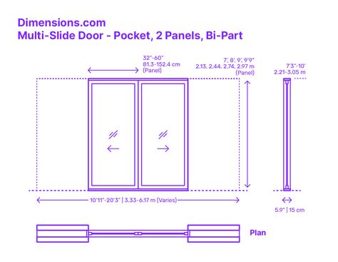 A multi-slide pocket door with a bi-part design and 2 panels is a sliding door system that features two individual panels that slide horizontally along a track system and disappear into a pocket within the wall. When fully opened, each panel slides seamlessly into the wall pocket, creating two openings that provide a smooth and uninterrupted transition between indoor and outdoor spaces. Downloads online #doors #slidingdoor #patio #construction #buildings Sliding Door Dimensions, Sliding Door Dimension, Sliding Door Drawing, Sliding Door Plan, Slide Door Design, Solidor Door, Seacliff House, Garage Door Designs, External Sliding Doors