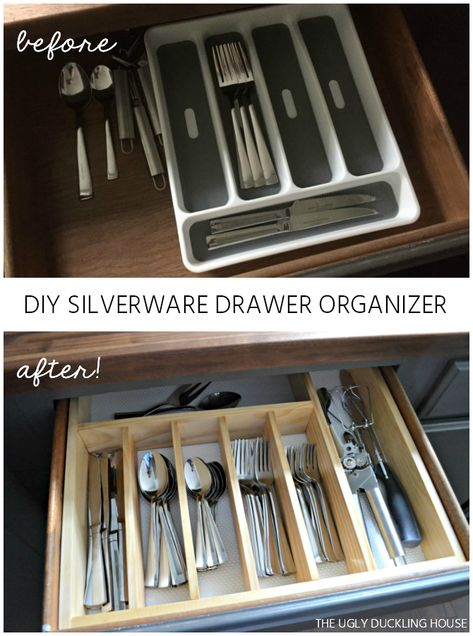 Time for a more organized kitchen! This easy to make custom DIY silverware drawer organizer makes better use of space than a store-bought version! Drawer Inspiration, Diy Drawer Organizer, Silverware Drawer Organizer, Organizing Storage, Silverware Drawer, Flatware Organizer, Makeup Organization Diy, Kabinet Dapur, Messy Kitchen