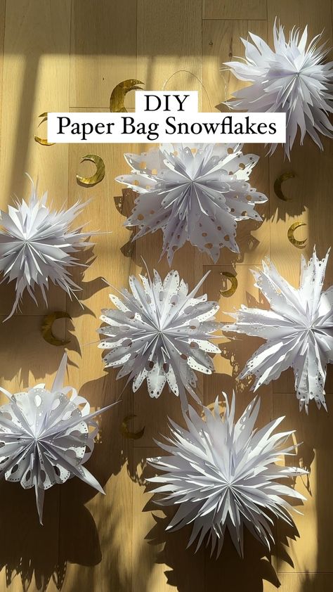 3d Paper Bag Snowflakes, Christmas Crafts With Paper Bags, Paper Bag Snowflake Designs, Lunch Bag Snowflake Patterns, Paper Bag Snowflake Template, Paper Bag Snowflakes Decor, White Paper Bag Snowflakes, Lunch Bag Snowflakes Brown Paper, Paper Bag Snowflake Patterns