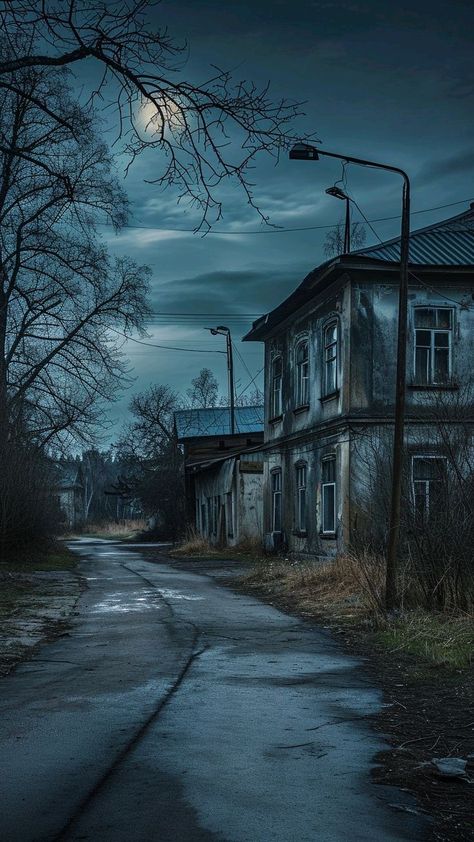 Creepy Town Aesthetic, Horror Village, Haunted House Pictures, Apocalypse Landscape, Helloween Wallpaper, Scary Backgrounds, Ghost City, Abandoned City, Apocalypse Aesthetic