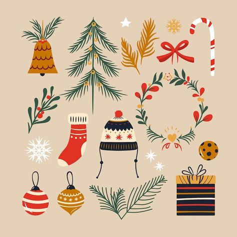 Christmas Elements Vector, Groovy Elements, Hand Drawn Christmas, Card Inspo, Art Deco Illustration, German Christmas, Holiday Fabric, Retro Groovy, Christmas Card Design