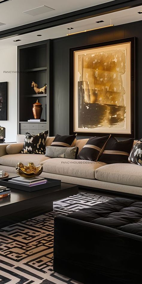 Bespoke shelving provides both storage and display space in the living room. Decorative bowls add a pop of color to the living room decor. Winery Interior, Dark Lounge, Black And Gold Living Room, Dark Deco, Grand Villa, Wall Art Decor Bedroom, Black Mood, Luxe Living Room, Gold Living