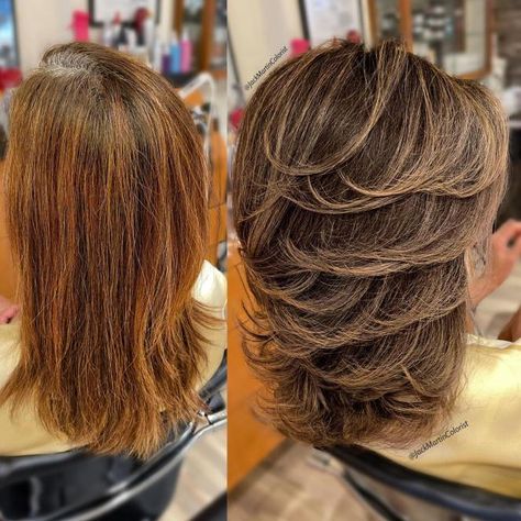 Medium Feathered Haircut Before and After Feathered Haircut, Hair Ideas For Women, Feathered Hair Cut, Jack Martin, Feathered Hair, Before And After Haircut, Chunky Highlights, Haircuts For Medium Length Hair, Layered Haircuts For Medium Hair