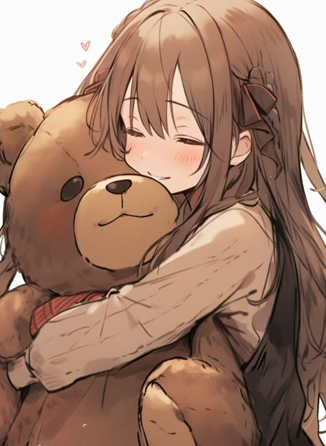 Anime People Hugging, Holding Teddy Bear Reference Drawing, Anime Hugging Poses, Anime Hug Cute, How To Draw Teddy Bear, Anime Snuggle, Hugging Teddy Bear Pose Reference, Teddy Bear Character Design, Hug Pose Drawing