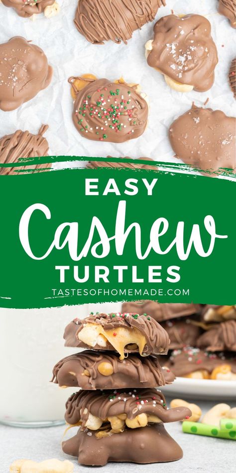 These cashew turtles are sweet, delicious clusters of cashews and gooey caramel that have been enrobed in sweet, decadent chocolate. Baking With Cashews, Cashew Turtle Clusters, Cashew Bark Recipe, Slow Cooker Chocolate Caramel Clusters, Cashew Turtles Recipe, Chocolate Covered Cashews Homemade, Desserts With Cashews, Recipes Using Cashews, Home Made Turtles