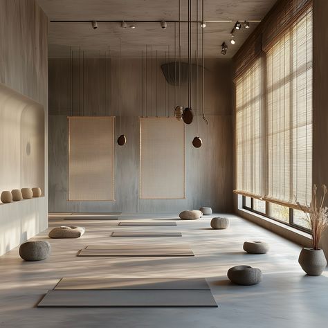 “Japandi style isn’t just seen, it’s felt; it promotes an interior calm as much as it does interior beauty.” A serene, minimalistic yoga studio that embodies the essence of Japandi design, blending Japanese and Scandinavian aesthetics. The space is characterised by its use of natural materials, particularly light wood and bamboo, creating a calming atmosphere with an earthy, neutral colour palette. The design emphasises simplicity, with hanging screens and panels that divide the room subtly,... Yoga Interior Design Studios, Japandi Spa Design, Yoga Center Design, Club House Design, Home Yoga Studio Design, Yoga Interior Design, Wellness Interior Design, Modern Yoga Studio, Small Yoga Studio