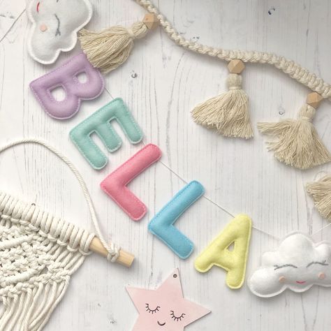 The perfect wall decor personalised name bunting in pastel mix colours Bunting Ideas Unusual, Bunting Ideas, Crib Wall, Rainbow Names, Name Bunting, Personalised Bunting, Nursery Bunting, New Baby Gift, Nursery Wall Decor