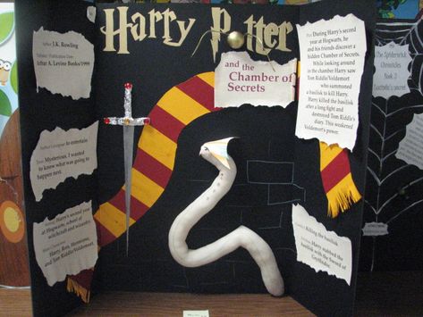 Harry Potter book fair project Harry Potter Book Report Project, Literature Fair Projects Ideas, Harry Potter Presentation, Chamber Of Secrets Poster, Amber School, Reading Fair, Harry Potter Scrapbook, Family Literacy Night, Book Report Projects