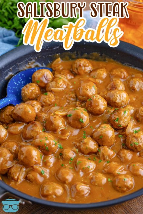 Baked Salisbury Steak Meatballs, Hamburger Steak Meatballs, Salisbury Steak Meatballs Stovetop, Things To Make With Meatballs, Quick Meatball Recipes, Meat Ball Recipes, Recipes With Meatballs, Recipes Using Meatballs, Meals For A Large Family