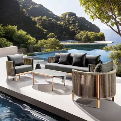 The rope is hand-woven, flexible, durable, waterproof, and sun-proof. | A Zoetic Home Waterproof durable patio sofa set in Gray | 5 | Wayfair Modern Outdoor Sectional, Furniture Design Chair, Patio Sofa Set, Design Chair, Outdoor Heating, Patio Bar, Patio Sofa, Conversation Set Patio, Patio Dining Set