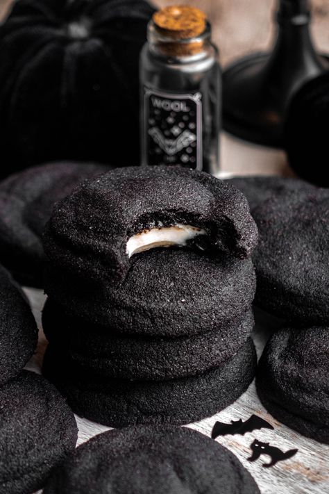 These black velvet cheesecake cookies are the perfect treat to bake for spooky season! They are extra dark chocolate cookies, stuffed with creamy cheesecake filling and rolled in black cocoa sugar. They're super decadent cookies that taste just like an Oreo! They're the perfect Halloween treat! If you're looking for other Halloween desserts, try my Black Velvet Cheesecake Cookies, Black Dessert Ideas, Crow Cookies, Goth Desserts, Goth Cookies, Eclipse Cookies, Black Desserts, Butterbeer Cake, Spooky Desserts