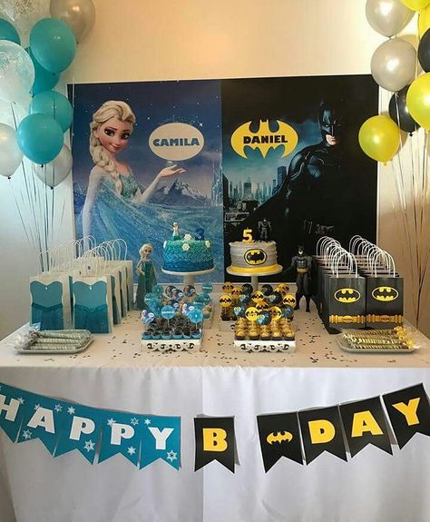 Elsa and Batman birthday Party/ Batman favor bags/ party decoration Sister Birthday Party Ideas, Sister Birthday Party, Batman Birthday Party Ideas, Shared Birthday Parties, Double Birthday Parties, Elsa Party, Sibling Birthday Parties, Combined Birthday Parties, Twin Birthday Cakes