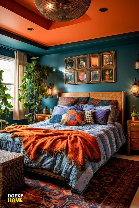 A boho bedroom is awash with deep teal (#008080) and harmonizes with accents of burnt orange (#CC5500). A cozy teal bed stands out amidst bohemian decor, and eclectic burnt orange pillows and decorations add warmth. The walls, adorned with diverse artworks, amplify the room's eclectic charm, and modern lighting sets an inviting mood, accentuating the detailed textures and patterns. Teal And Orange Bedroom, Teal Boho Bedroom, Burnt Orange Bedroom, Maximalist Room, Bedroom Ideas Luxury, Eclectic Decor Bedroom, Teal Bedroom, Bed Color, Moody Bedroom