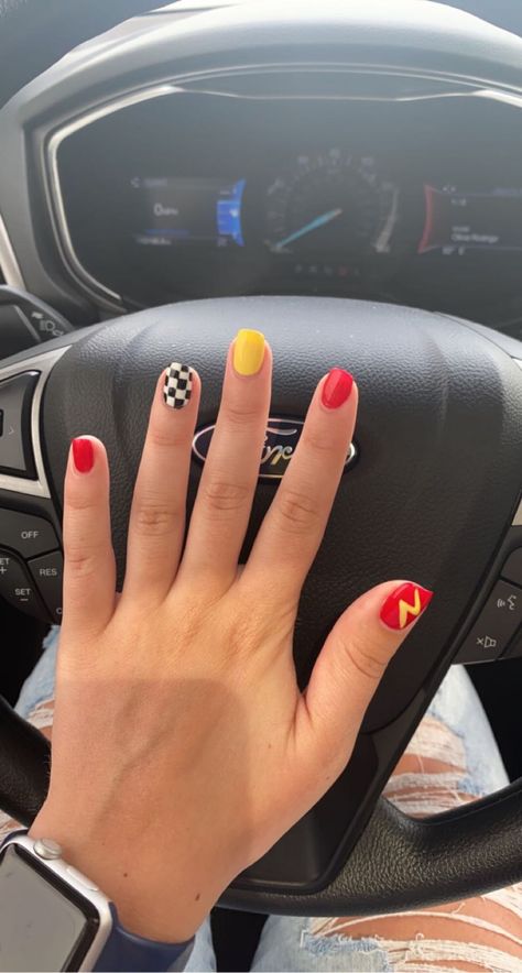 Disney Cars Nails Acrylic, Cars Acrylic Nails, Lightning Mcqueen Nail Art, Red Lightning Bolt Nails, Race Inspired Nails, Disney Car Nails, Disney Cars Nail Art, Disney Cars Theme Nails, Lightning Mcqueen Nails Art Ideas