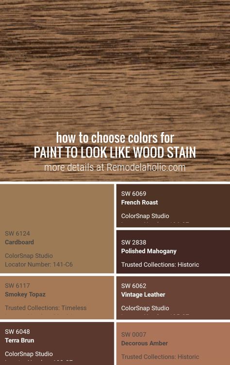 Learn how to faux stain using paint that looks like wood stain, plus this quick tip for an app to help choose the right paint colors to match the wood stain tone you want. Colors That Go With Collingwood, Paint Colors For Cherry Wood Furniture, Cedar Colored Paint, Sw Banyan Brown Stain, Exterior Paint That Looks Like Wood, Paint Color That Looks Like Wood, Natural Wood Paint Colors, Cedar Paint Color, Paint Color That Looks Like Cedar