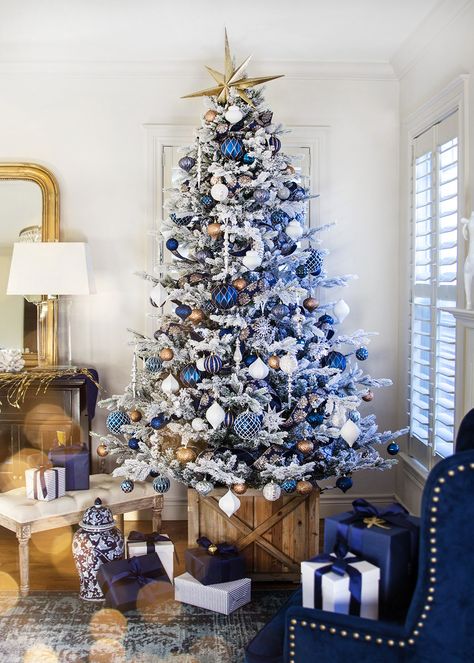 I can't believe it's already Christmas! This year has definitely been one of my favorites. Earlier this year I started to slowly refresh my decor. I've always loved blue and white. So, after repainting my walls antique white, I started to introduce pops of indigo. Pillows are an easy way to update y Blue Christmas Tree Decorations, White Christmas Tree Decorations, Blue Christmas Decor, Christmas Sparkle, Blue Christmas Tree, Christmas Tree Decorations Diy, Gold Christmas Decorations, Christmas Tree Inspiration, White Christmas Decor