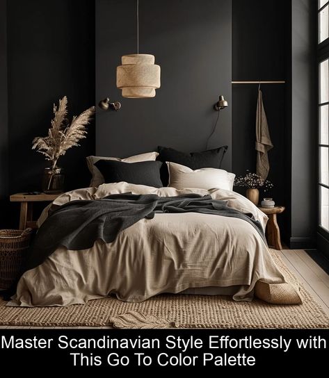 By Alan George Imagine yourself surrounded by the serene, calming hues of a Scandinavian color palette, like you're being wrapped in a cozy, warm... #scandinavianbedroomideas Boho Bedroom Black Accent Wall, Downpipe Bedroom, Black Bedding Aesthetic, Moody Scandinavian Interior, Black And Neutral Bedroom, Moody Bedroom Aesthetic, Philly Apartment, Cozy Bedroom Ideas, Bilik Idaman