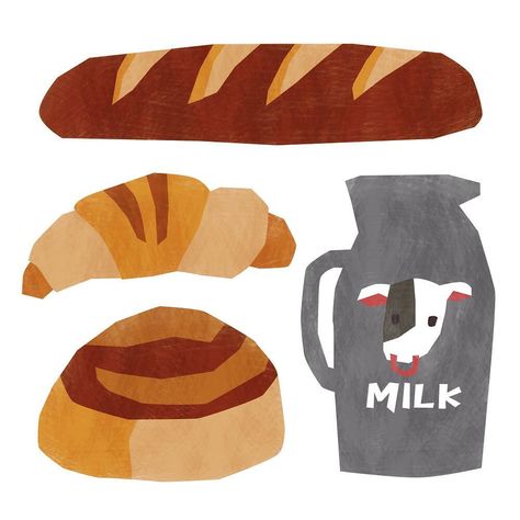 Croissant Illustration Drawings, Bread Illustration Design, Eating Food Drawing, Desserts Illustration, Bread Drawing, Milk Illustration, Bakery Illustration, Bread Illustration, Cooking Illustration