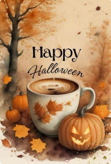 Good Morning Halloween Images, Good Morning Happy Halloween, Happy Halloween Aesthetic, Fall Coffee Aesthetic, Pumpkin Background Wallpapers, Happy Halloween Greetings, Halloween Cafe, Happy Halloween Wishes, Happy Halloween Illustration