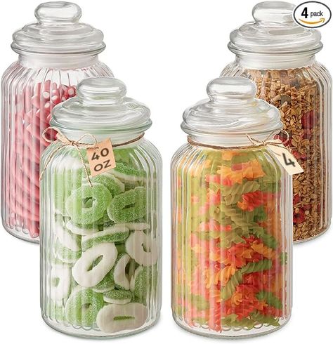 Amazon.com: Praknu Glass Cookie Jars with Lid Airtight - 4 Vintage Candy Jars 40 oz - Retro Glass Jar Containers with Labels & Jute Cord - Dishwasher Safe - For Candy, Cookies, Sugar & More: Home & Kitchen Wedding Sweet Cart, Christmas Glass Jars, Large Storage Jars, Christmas Candy Jars, Glass Containers With Lids, Sees Candies, Large Glass Jars, Gallon Jars, Sweet Carts