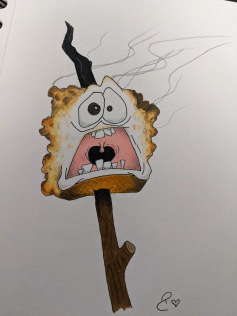 Toasted Marshmallow Drawing, Slushy Drawing, Food Painting Ideas Easy, Marshmallow Sketch, Marshmallow Doodle, Cartoon Character Doodles, Prismacolor Art Ideas, Cartoon Monsters Drawing, Trippy Cartoon Drawing Ideas