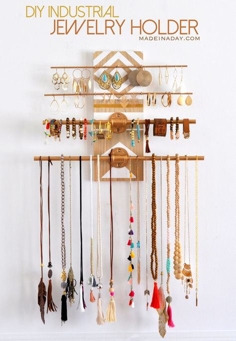 Have a lot of jewelry? I do and I made this super fun industrial trend jewelry holder you hang on your wall! See the tutorial on madeinaday.com Jewelry Organizer Diy Wall, Jewerly Organizer, Diy Organizer, Diy Wand, Jewelry Organizer Wall, Diy Jewelry Holder, Jewelry Wall, Jewelry Box Diy, Industrial Jewelry