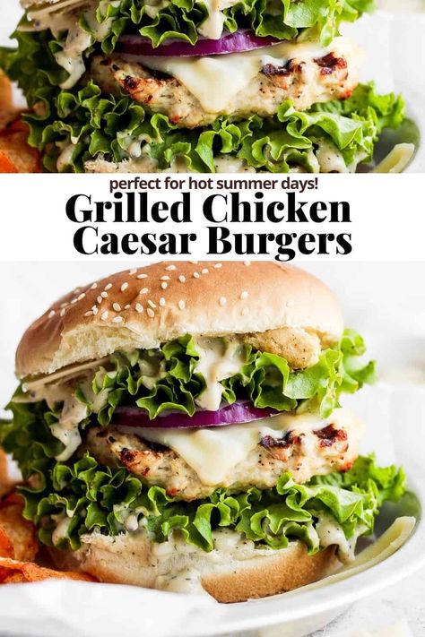 Chicken Caesar Burger - a delicious, easy grilled chicken caesar burger that is juicy and packed with flavor! Perfect for summer! #chickencaesarburger #chickencaesarsaladburger #caesarchickenburgers #grilledchickenburgers Grilled Chicken Caesar, Chicken Caesar, Summer Christmas, Poultry Recipes, Burger Recipes, Christmas Decor Ideas, Healthy Meal Prep, Hair Tips, Weeknight Meals