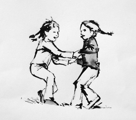 Original hand made ink and wash sketch of children playing on water colour paper with simple mount.   This sketch was created using ink dipped with a willow stick to create a loose effect.  Each sketch is made by hand (these are not prints) and signed by the artist.  Picture size 20 x 20 cm.  With the mount the size is 34 x 34 cm Croquis, People Sketches Poses, Kids Playing Drawing, Children Playing Drawing, Kids Playing Illustration, Children Playing Illustration, Watercolour People, Playing Drawing, Bottle Paint