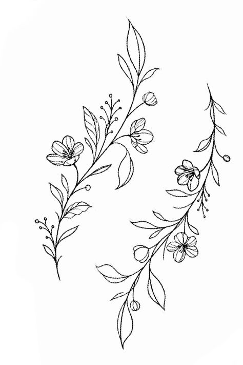 Vines Of Flowers Drawing, Lotus Flower And Vines Tattoo, Flower Branches Drawing, Floral Leaves Tattoo Design, Flower Vine Tattoo Stencil, Wildflower Hand Tattoo, Flower Wrap Around Tattoo Stencil, Long Flower Drawing, Flower Vine Drawing Simple