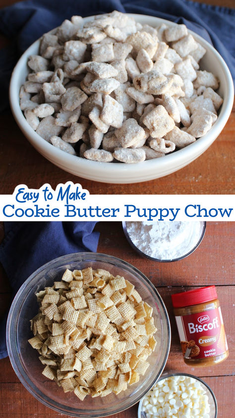 Cookie butter puppy chow is a fun twist on classic muddy buddies. It has the flavors of Biscoff cookies and vanilla on crunchy cereal. It is the perfect sweet snack. Biscoff Puppy Chow, Cookie Butter Puppy Chow, Cookies And Cream Puppy Chow, Nut Free Puppy Chow, Puppy Chow Flavors, Puppy Chow Variations, Puppy Chow Without Peanut Butter, Churro Puppy Chow, Easy No Bake Treats