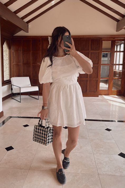 White summer dress outfit, backless dress, puff sleeve dress, dogtooth bag, hair bow, black loafers White Summer Dress Outfit, White Dress Outfit Summer, White Dress Outfit, Dress Puff Sleeve, White Summer Dress, Dress Loafers, Puff Sleeve Dress, Summer Dress Outfits, Black Loafers