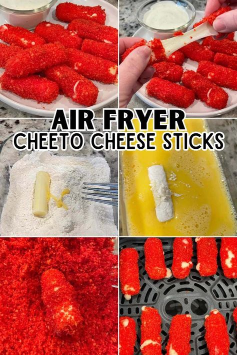 Hot Cheeto Cheese Sticks are crispy and crunchy on the outside with ooey, gooey mozzarella in the middle, this fun finger food is the perfect party snack, tailgate treat, appetizer, or game-day starter. #hotcheetos #cheetos #snack #spicy Air Fryer Hot Cheeto Mozzarella Sticks, Recipes With Mozzarella Sticks, Recipes With Cheese Sticks, Hot Cheeto Cheese Sticks, Hot Cheetos And Takis Snacks, Healthy Hot Cheetos, Things To Make With Hot Cheetos, Pickles And Hot Cheetos, How To Make Hot Cheeto Mozzarella Sticks