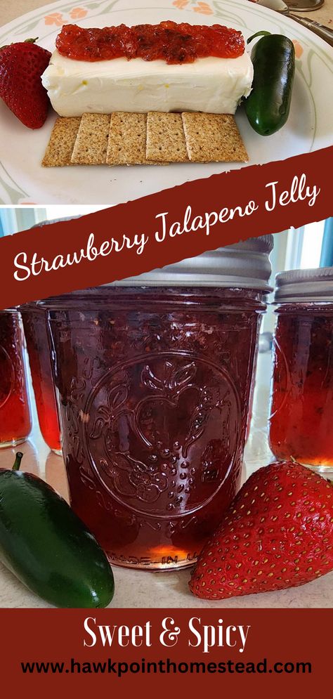 This sweet and spicy strawberry jalapeno jelly recipe is an easy recipe and results in such a delightful and delicious jelly. The strawberry jalapeno jelly is so wonderful to serve at any get-together. Pair it with cream cheese and crackers and no one can resist! It can also be used as a delicious glaze on different meats, such as chicken and pork chops. Homemade jelly is such a great gift, especially this yummy pepper fruity jelly that can be used in so many delicious ways! Jalapeño Strawberry Jelly, Jalapenos Jelly Recipe, Strawberry Pepper Jam, Jalapeno Strawberry Jam Recipe, Jalapeno Jelly Recipe Canning, Strawberry Pepper Jelly Recipe, Strawberry Jalapeno Jelly Recipe, Strawberry Jalapeno Jelly, Strawberry Pepper Jelly