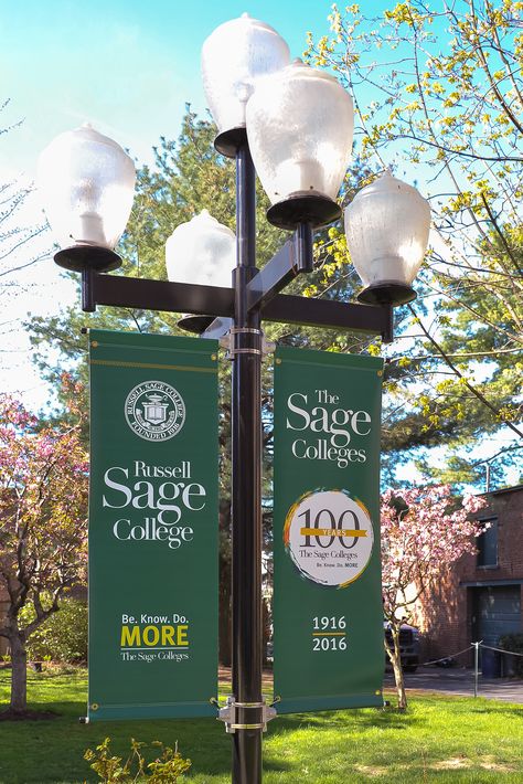 Centennial Banners at Sage College of Albany College Banners, Campus Signage, Academy Design, College Orientation, College Banner, Academy Aesthetic, Pole Banners, Trash Party, College Flags