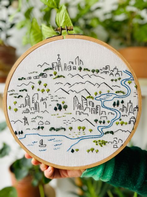 Simple stitches to show a bit city I live in - beautiful Berlin where tradition is mixed with modern architecture, lots of park and beautiful river Spree! HOW TO -> DMC threads. Simple stitches: backstitch, stem stitch, french knots and satin stitch. #embroidery #embroiderydesign #embroiderypattern #needlework #dmcthreads #dmcembroidery #dmc #hoopart River Embroidery, City Embroidery, City Outline, Satin Stitch Embroidery, Stem Stitch, Beautiful River, French Knots, French Knot, Dmc Thread