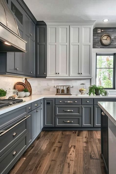 Elevate your farmhouse kitchen design with these 55 gray cabinet ideas. Explore shades ranging from light to dark, and discover how gray cabinets can create a versatile backdrop for any design style, from classic to contemporary. #FarmhouseKitchen #GrayCabinets #VersatileDesign Dark Colored Cabinets Kitchen, Benjamin Moore Gray Kitchen Cabinets, Kitchen Ideas With Gray Cabinets, Flooring For Grey Kitchen Cabinets, Gray Cupboards Kitchen, Dark Bottom Cabinets, Farmhouse Kitchen Gray Cabinets, Gray Blue Kitchen Cabinets, Farmhouse Kitchen Gray