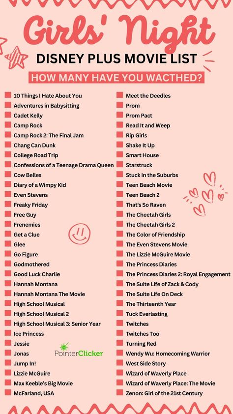 The Ultimate Disney Plus Movie Marathon Checklist for Teens to Watch on Girls' Night Sleepover Party #netflix #action #movie #movies #hulu #towatch #moviestowatch #lifewithliana #withliana #blog #movies #classicmovies #moviestemplate. Find out more here 👉 https://www.theworldaccordingtome.org/1852724_top-must-see-movies-of-2024-your-ultimate-watchlist-kids-adults/?53 Marathon Checklist, Disney Movie Marathon, Girls Night Movies, Best Teen Movies, Disney Movies List, Movie Night Birthday Party, Movies To Watch Teenagers, Disney Movie Night, Netflix Movies To Watch