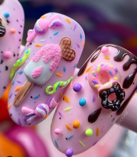 Doughnut Nail Art, Candyland Nails, Sweets Nails, Birthday Cake Nails, Dessert Nails, Cupcake Nail Art, Cake Nails, Donut Nails, Ice Cream Nails