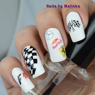 Challenge Of The Month: hobby. I made formula 1 nails 🏎🏁 I combined stamping and water decals#nailart #nailsbymalinka #nailaddicts #instanails #notd #nailstagram #nail #nails #nailfashion #nailfeed #nailporn #nails2inspire #nailpromote #ignails #nailsoftheday #nailstamping #stampingnailart #waterdecal #formula1 #f1 #cotm F1 Inspired Nails, Formula One Nails, Formula 1 Nail Art, Ferrari Nails, Formula 1 Nails, F1 Nails, Racing Nails, Nagel Tips, Simple Gel Nails