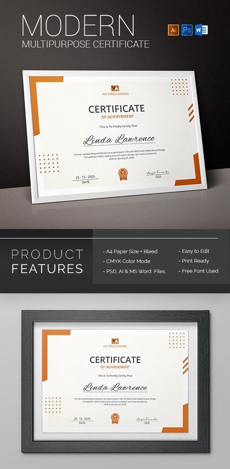 Modern and Corporate Certificate Template. Use this Certificate Template in your business, company or institution in completion of any course, training ,degree or job. Also you can use this Multipurpose Certificate Template as award giving certificate, certificate of excellence, certificate of appreciation, certificate of achievement, certificate of recognition or related purpose. Awards Certificates Design, Certificate Of Recognition Template, Certificate Of Recognition, Agenda Design, Achievement Certificate, Appreciation Certificate, Certificate Of Excellence, Course Completion Certificate, Certificate Format